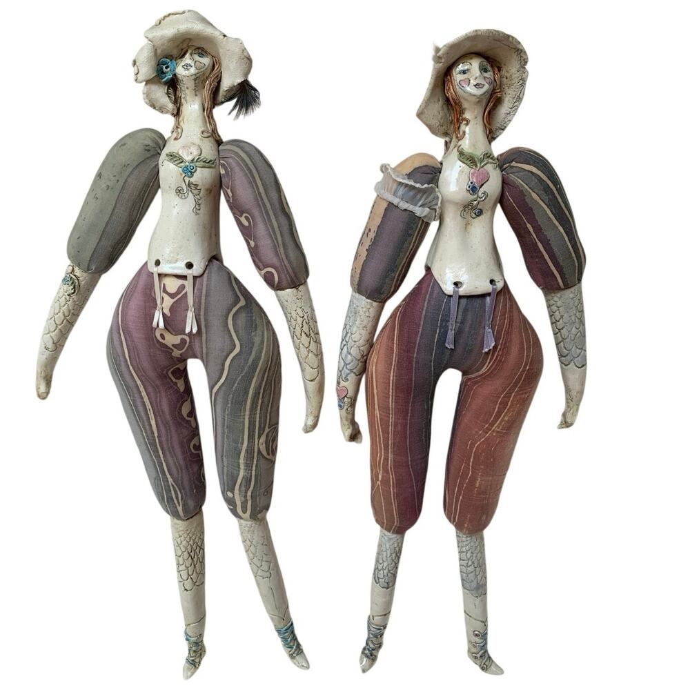 VTG Original Clay & Fabric Dolls Whimsical Art Wall Hang Susan Bittell Artist